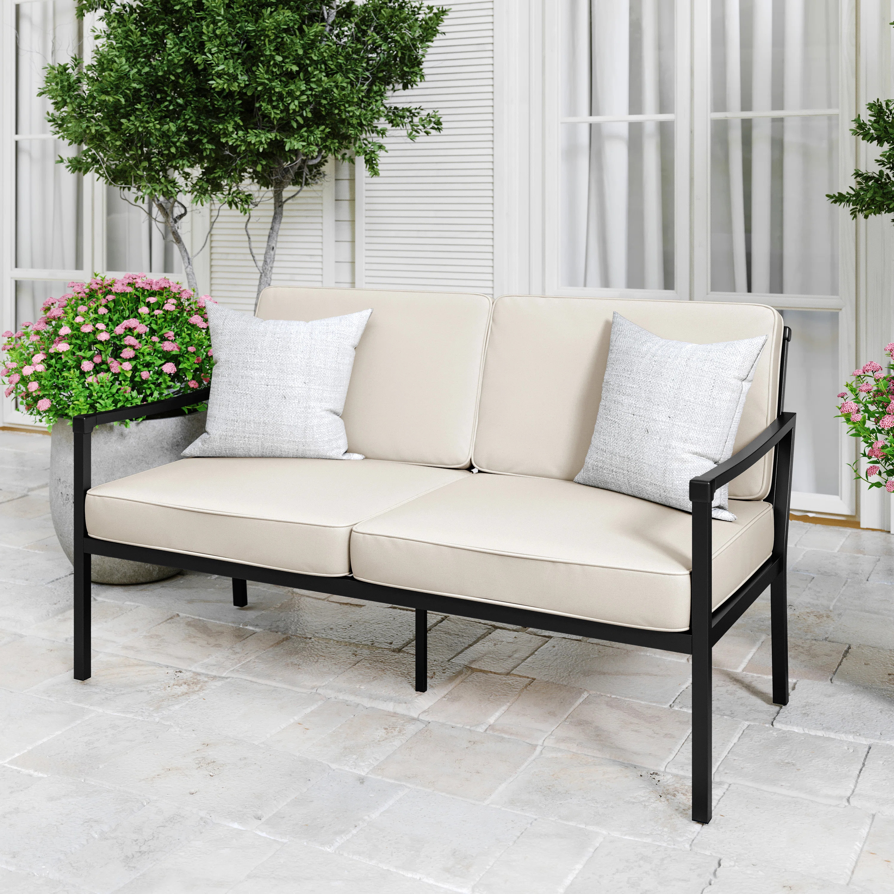Martha Stewart Lily Pond All-Weather Steel Frame Patio Loveseat With Cushions | Wayfair North America