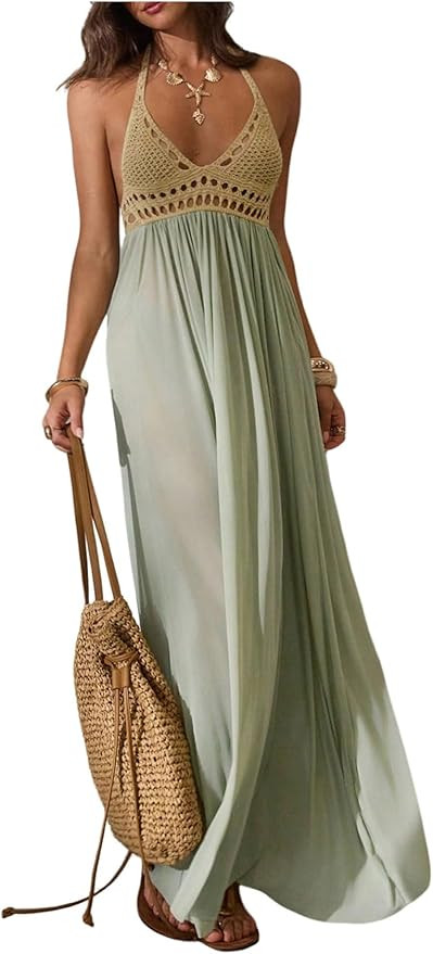 OYOANGLE Women's Boho Crochet Maxi Dress Backless Halter Mesh Flowy A Line Vacation Beach Wedding... | Amazon (US)