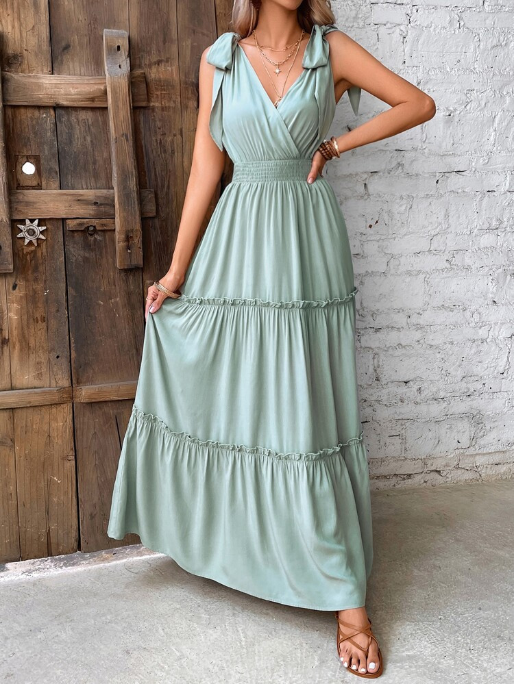 Tie Shoulder Ruffle Hem Shirred Detail A-line Dress | SHEIN