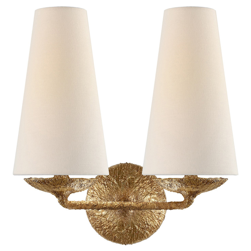 Visual Comfort Fontaine Mid Century Gilded Plaster Linen Shade Double Sconce | Kathy Kuo Home