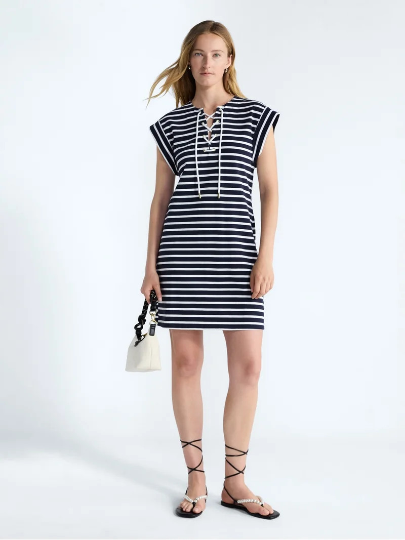 Free Assembly Women's Lace Up Cotton Mini Dress, Sizes XS-XXL | Walmart (US)