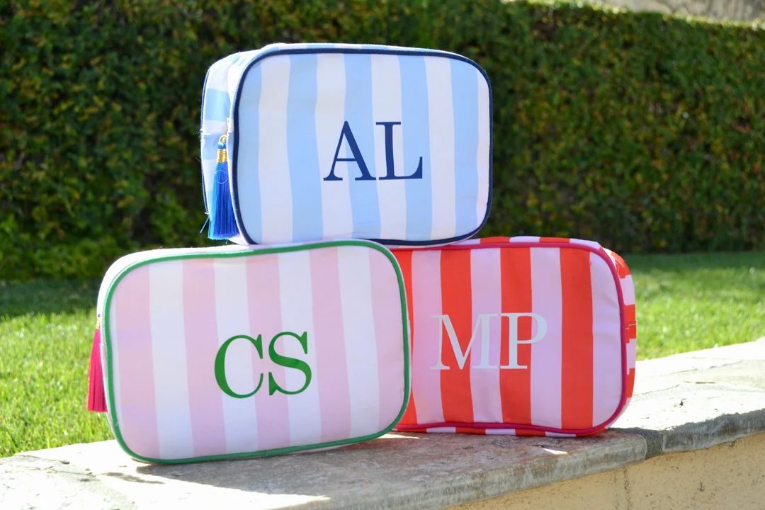 Custom Monogram Makeup Bag, Striped Cosmetic Bag, Preppy Toiletry Bag, Pink Red Green Blue Brides... | Etsy (US)