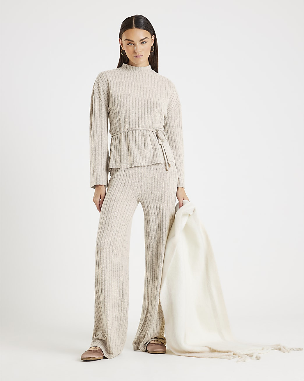 Beige Tie Waist Wide Ribbed Lounge Set | River Island UK & IE