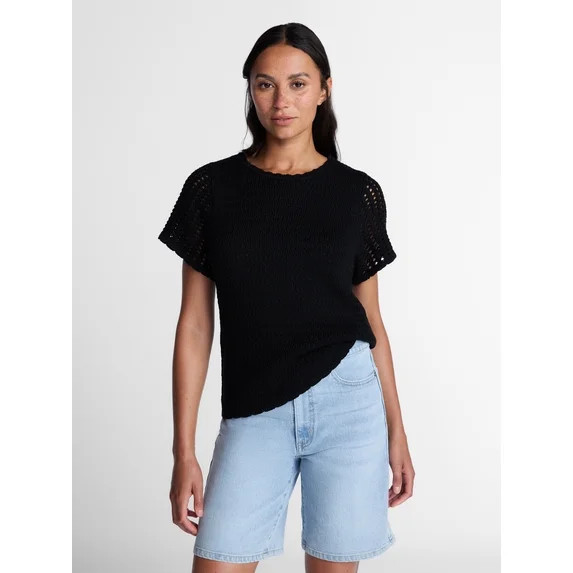 Time and Tru Women's Textured Crewneck Sweater with Short Sleeves, Lightweight, Sizes XS-XXXL | Walmart (US)