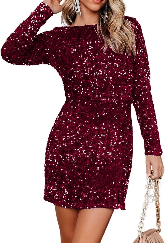 R.Vivimos Women's Sequin Bodycon Dress Fall Winter Velvet Warm Long Sleeve Crew Neck Sexy Backles... | Amazon (US)