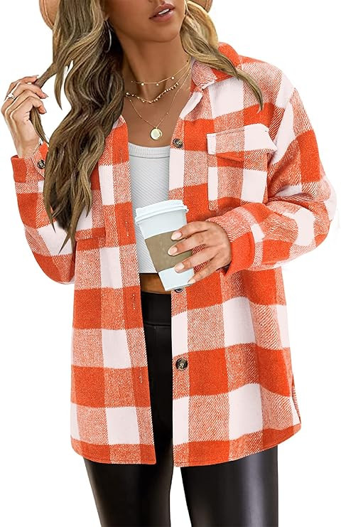 PRETTYGARDEN Women's 2023 Fall Clothes Plaid Shacket Jacket Long Sleeve Button Down Flannel Shirt... | Amazon (US)