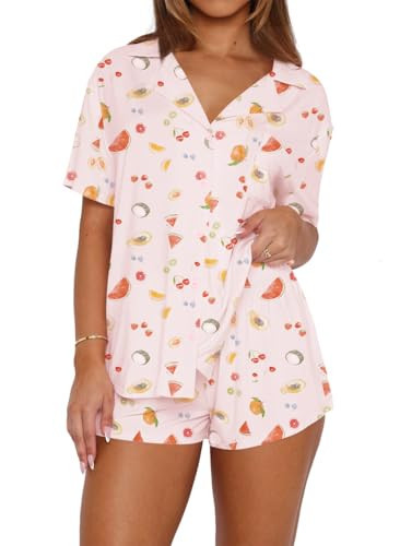Dressmine Button Down Two Piece Cute Pjs for Women Fruit Pajama Sets V Neck Sleepwear Lightweight Matching Lounge Set Loungewear Pink M | Amazon (US)