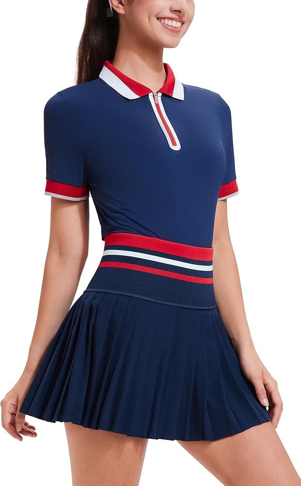 Tennis Skirt Sets for Women Zipper Color Block High Waisted Golf Polo Two Piece Skirt Set Women 2... | Amazon (US)