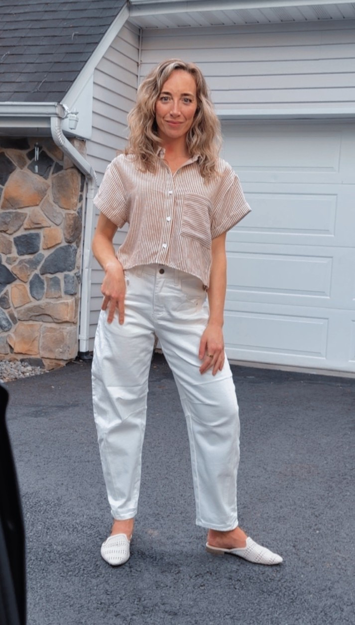 Women’s Summer 2026 Fashion Trends
- barrel jeans 
- pointy toe laser cut mules
- oversized linen crop top

These barrel jeans are SO comfortable and stretchy, and they look JUST like the version from ‘Free People’ but cost under $35! 

This cute crop top was a spontaneous find at @Marshalls by the brand ‘Monteau Los Angeles’, but sadly I can’t find it anywhere online rn :(

My raffia mules are from a few years ago by brand ‘Universal Threads’ at @Target  (I linked similar style summer mules & mary-jane’s below!)

SIZING 👇🏻
• Jeans fit TTS: I’m wearing XS
• Top (from marshall’s but i can’t find it being sold anywhere rn): sized up to a M for a baggier fit 
• Mules (from Target like 2 yrs ago- no longer sold): TTS



.
.
summer outfits
women’s summer jeans
white jeans
casual outfit ideas 
date night outfits 
summer dresses
vacation outfits beach
travel outfits
summer casual work outfits
casual summer outfits
free people look for less 
designer-inspired jeans 
#targetstyle #luxeforless

#LTKootd #LTKgrwm #LTKWorkwear