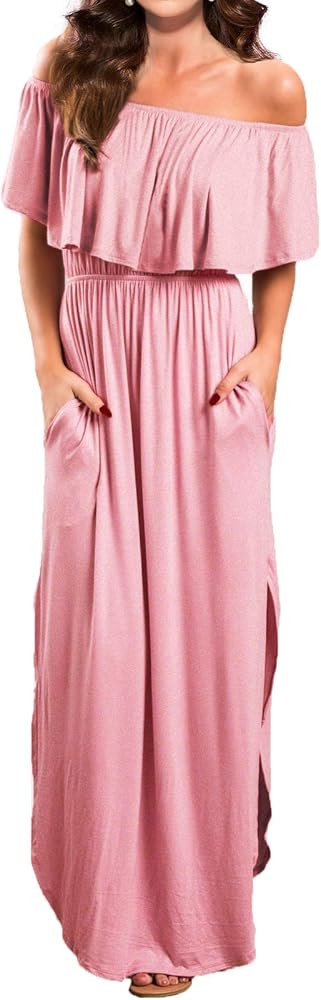 Women's Off Shoulder Summer Casual Long Ruffle Beach Maxi Dress with Pockets | Amazon (US)