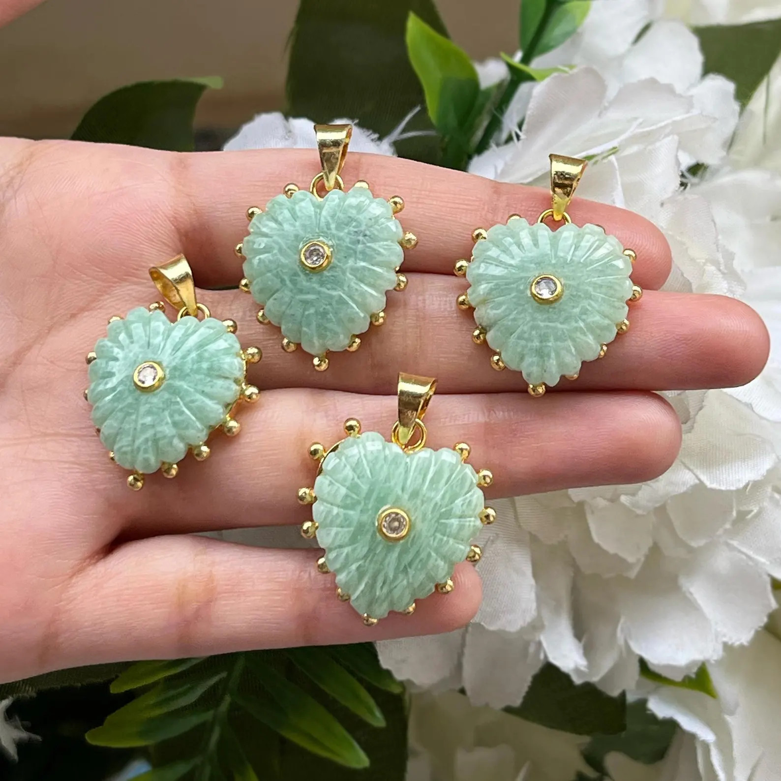 Amazonite Heart Pendant Necklace: Gold Plated CZ Charm, Carved Gemstone Jewelry Making Finding | Etsy (Global)