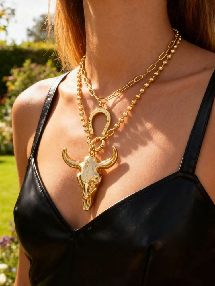 Unique Western Style Gold Copper Bead Horse Hoof Alloy Skull Bull Head Necklace, Suitable For Outings, Daily Wear, Parties, Western-Themed Travels And Music Festivals. 18K Gold Plated Multipurpose Hip-Hop Punk Jewelry For Women, Gold Accessories, Perfect Gift For Friends And Loved Ones, Horseshoe Necklace, Country Western | SHEIN