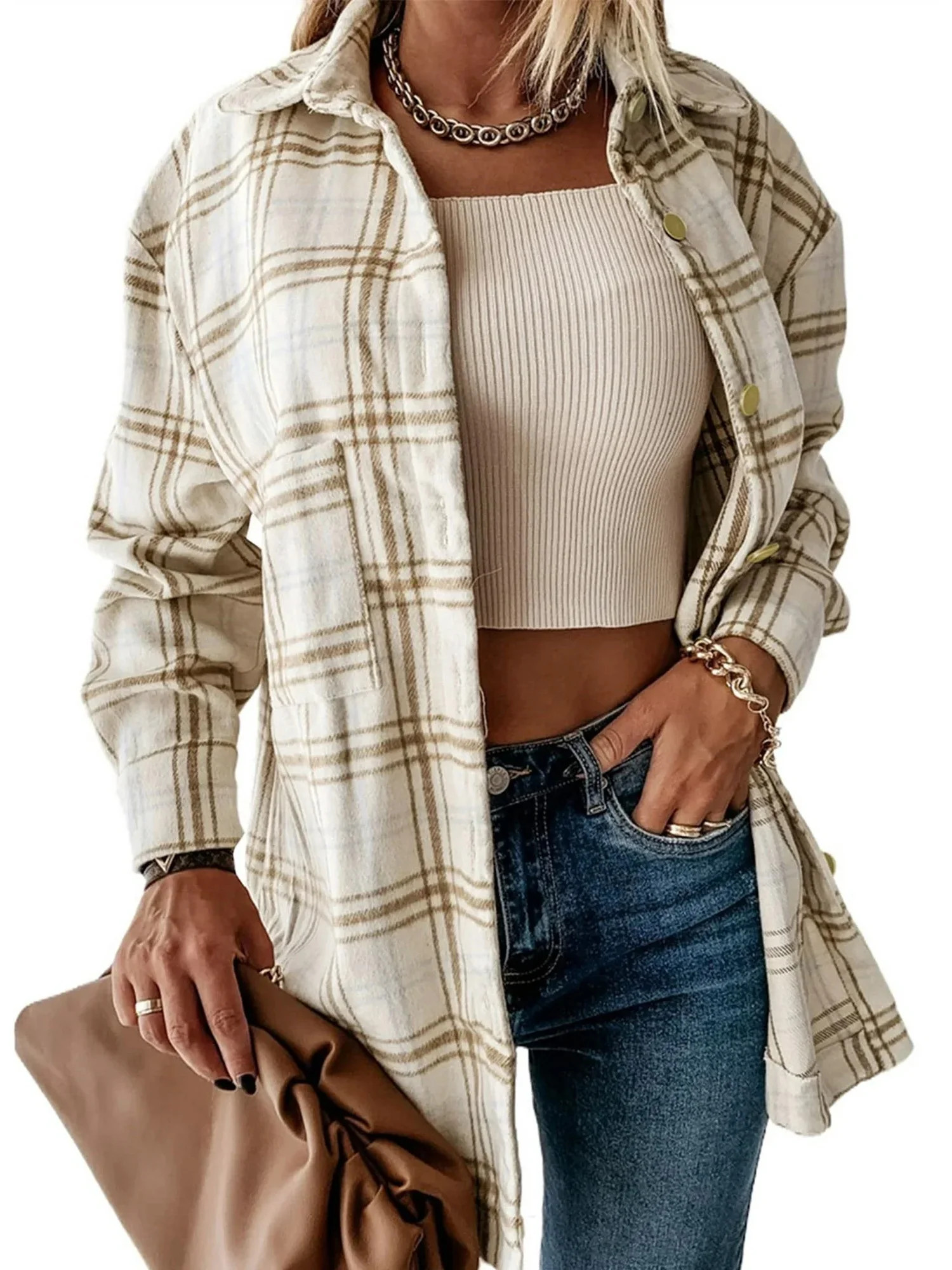 UVN Flannel Plaid Shirts for Women Shacket Jacket Long Sleeve Button Down Shirt Coats Top | Walmart (US)