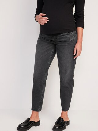 Maternity Full-Panel Slouchy Taper Black Cut-Off Jeans | Old Navy (US)