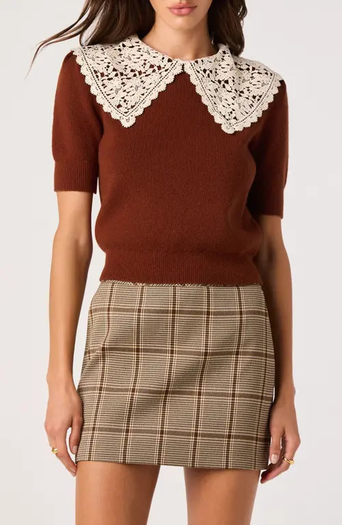ASTR the Label Carianne Lace Collar Short Sleeve Sweater in Rust at Nordstrom, Size X-Large | Nordstrom