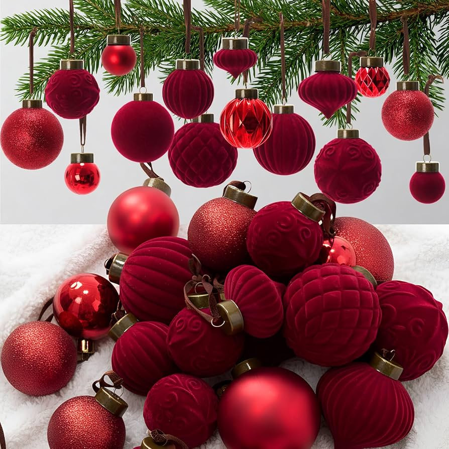 HyDren 46 Pcs Burgundy Velvet Christmas Ornaments 3.15", 2.36", 1.57" Dark Red Flocked Xmas Tree ... | Amazon (US)