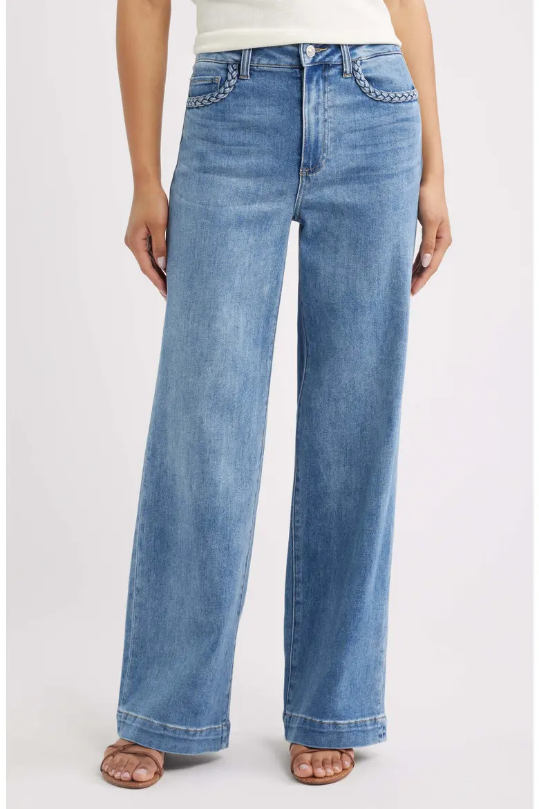 PAIGE Anessa Braided Pocket High Waist Wide Leg Jeans in Encino at Nordstrom, Size 34 | Nordstrom