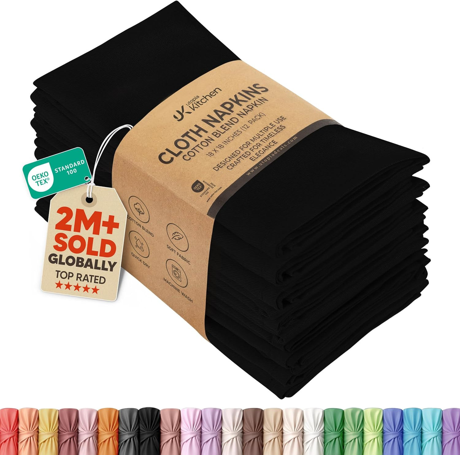 Utopia Kitchen Cotton Blend Black Cloth Napkins [12 Pack, 18x18 Inch] | Amazon (US)