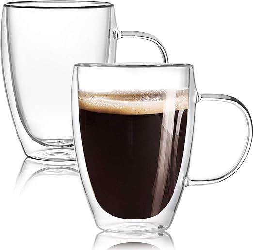 [2-Pack,12 Oz] Double Wall Glass Coffee Mugs with Handle,Insulated Coffee Glass,Clear Espresso Cu... | Amazon (US)