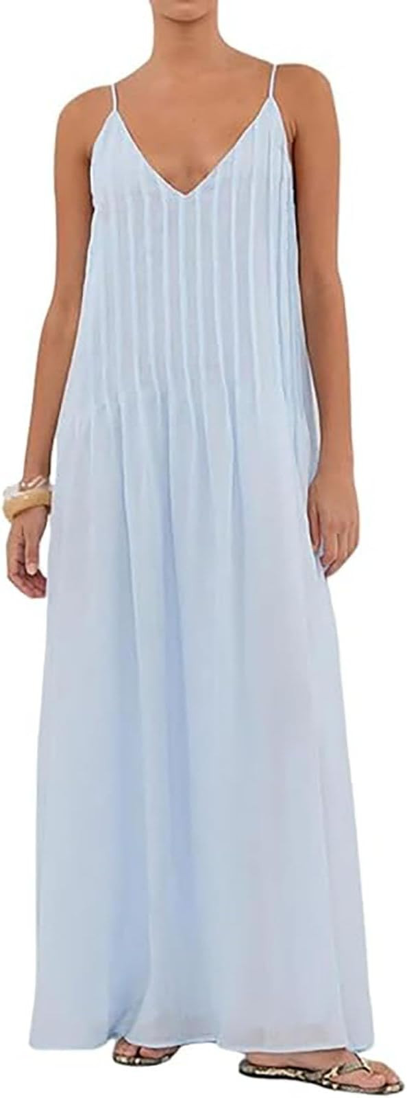 Women Summer Dresses Pleated Maxi Dresss Sleeveless Spaghetti Strap V Neck Beach Vacation Long Fl... | Amazon (US)