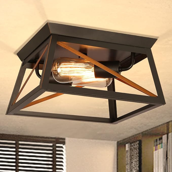 Flush Mount Ceiling Light, Boncoo Farmhouse Close to Ceiling Light with Square Frame, Rustic Ligh... | Amazon (US)
