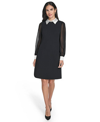 Women's Combo Bishop Sleeve Shirt Collar with Bow Sheath Dress | Macy's
