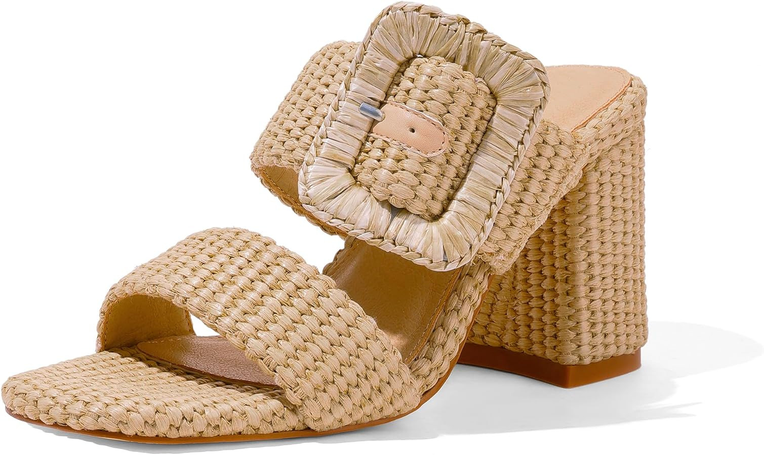 Ancomafio Womens Heeled Sandals Raffia Sandals Square Open Toe Chunky Block Heels Double Strap Su... | Amazon (US)