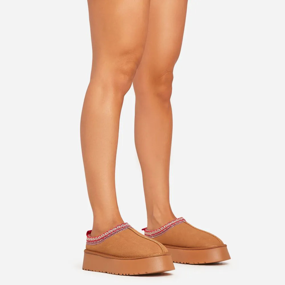 Tazmin Aztec Detail Faux Fur Lining Platform Slipper In Chestnut Faux Suede | EGO Shoes (US & Canada)