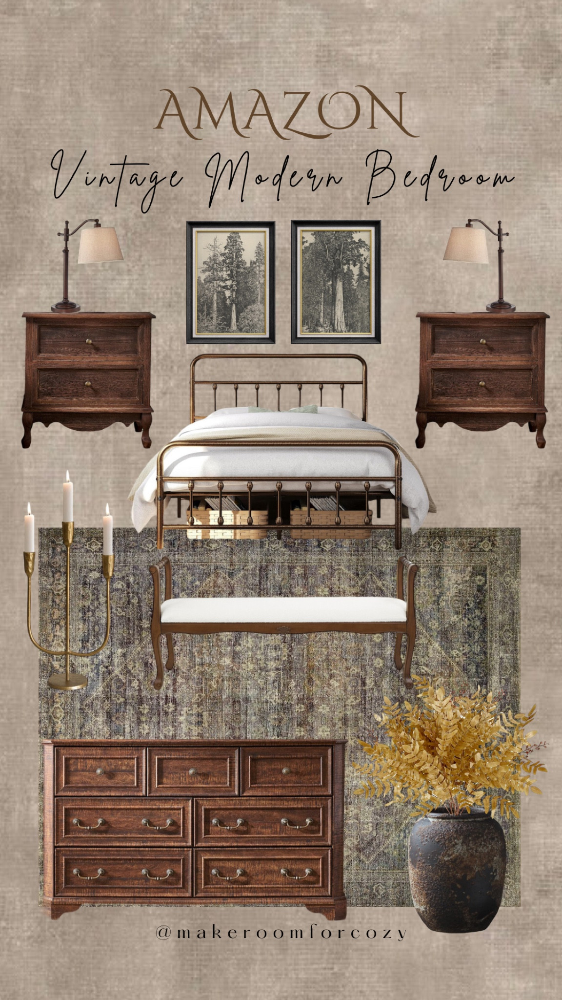 Vintage modern bedroom inspo from Amazon! 🤎

bed frame | nightstand | table lamps | area rug | antique style | fall stems | dresser | wall art | vase | vintage bench | candle holder

#LTKSeasonal #LTKHome
