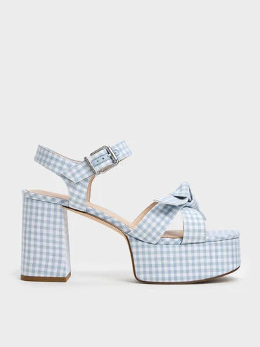 Anika Gingham Knot-Bow Platform Sandals
    
         - Light Blue | Charles & Keith US
