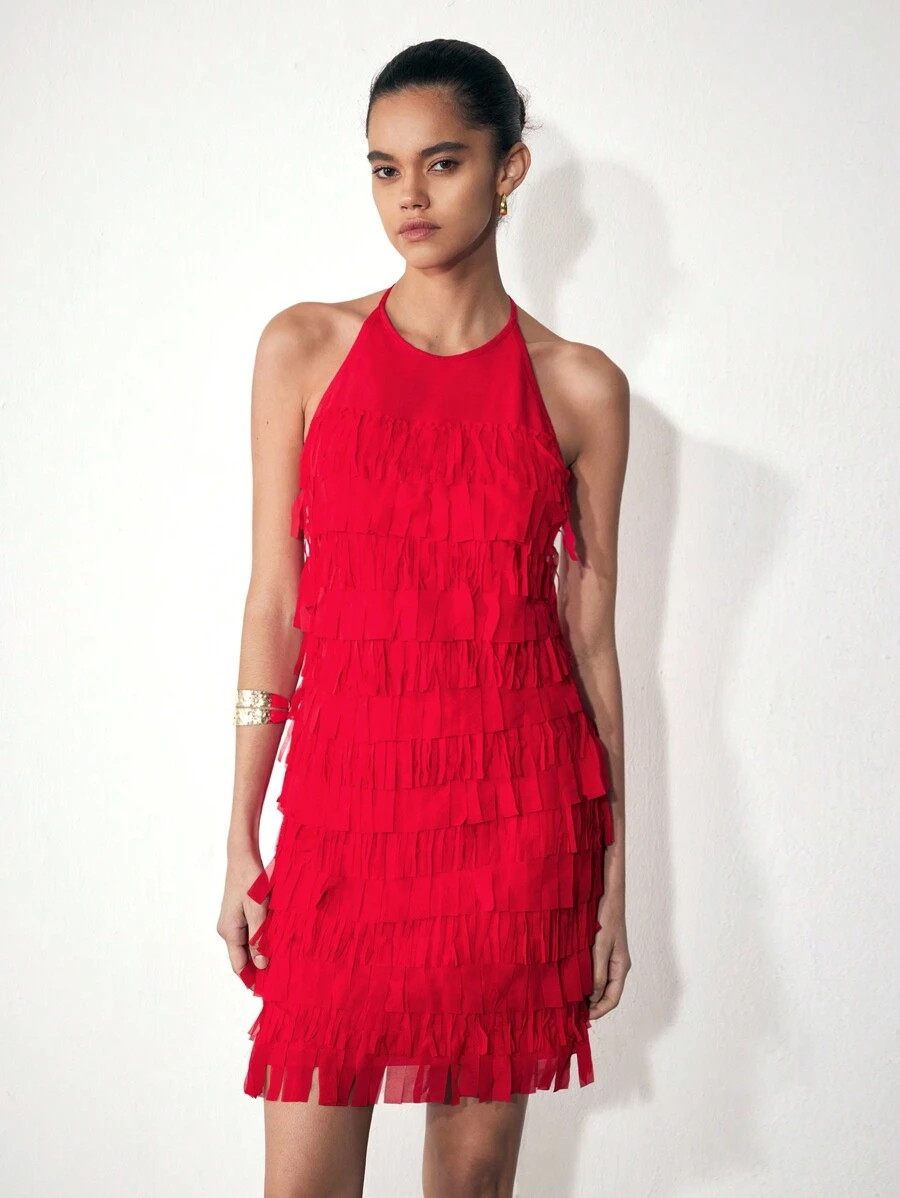 Maija Women's Red Solid Color Halter Backless Tassel Sexy Party Dress, Elegant For Christmas, Holiday Party, Festival | SHEIN