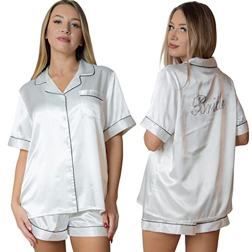 Shine Bride Silk White Bridal PJs and Pajamas - Bride's Satin PJs Set and Short Sleepwear - Sexy Bridesmaid Set for Bridal Shower Gifts | Amazon (US)