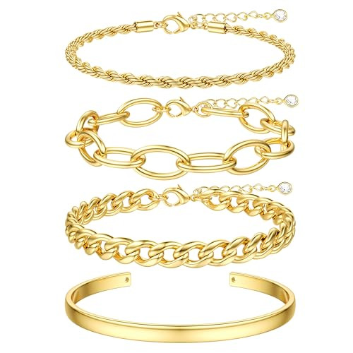 TEN MIRO 16k Chunky Gold Plated Bracelets for Women Non Tarnish, Womens Gold Plated Bracelets Stack Layered Chunky Chain Bracelets Waterproof Bangle Cuff Bracelet Mothers' Day Jewelry Gifts | Amazon (US)