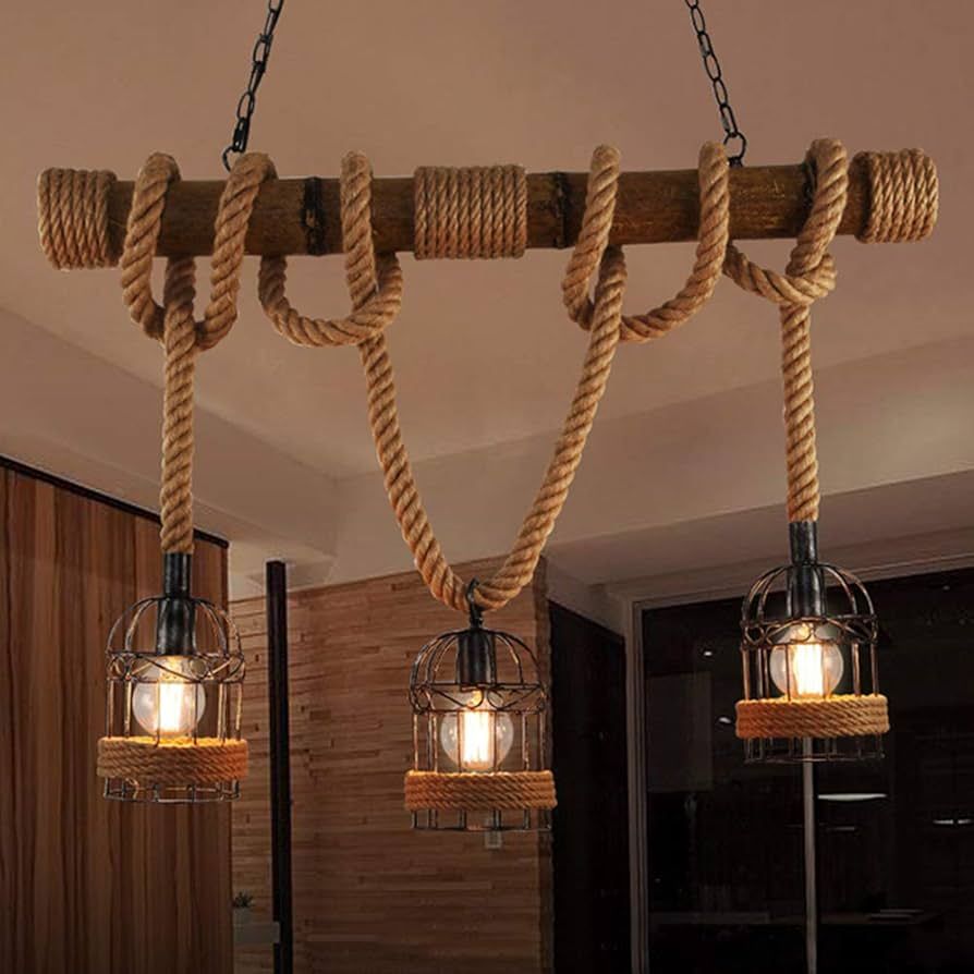LITFAD Industrial Birdcage Island Light 3 Lights Pendant Light Lantern Style with Rope Cage Frame... | Amazon (US)
