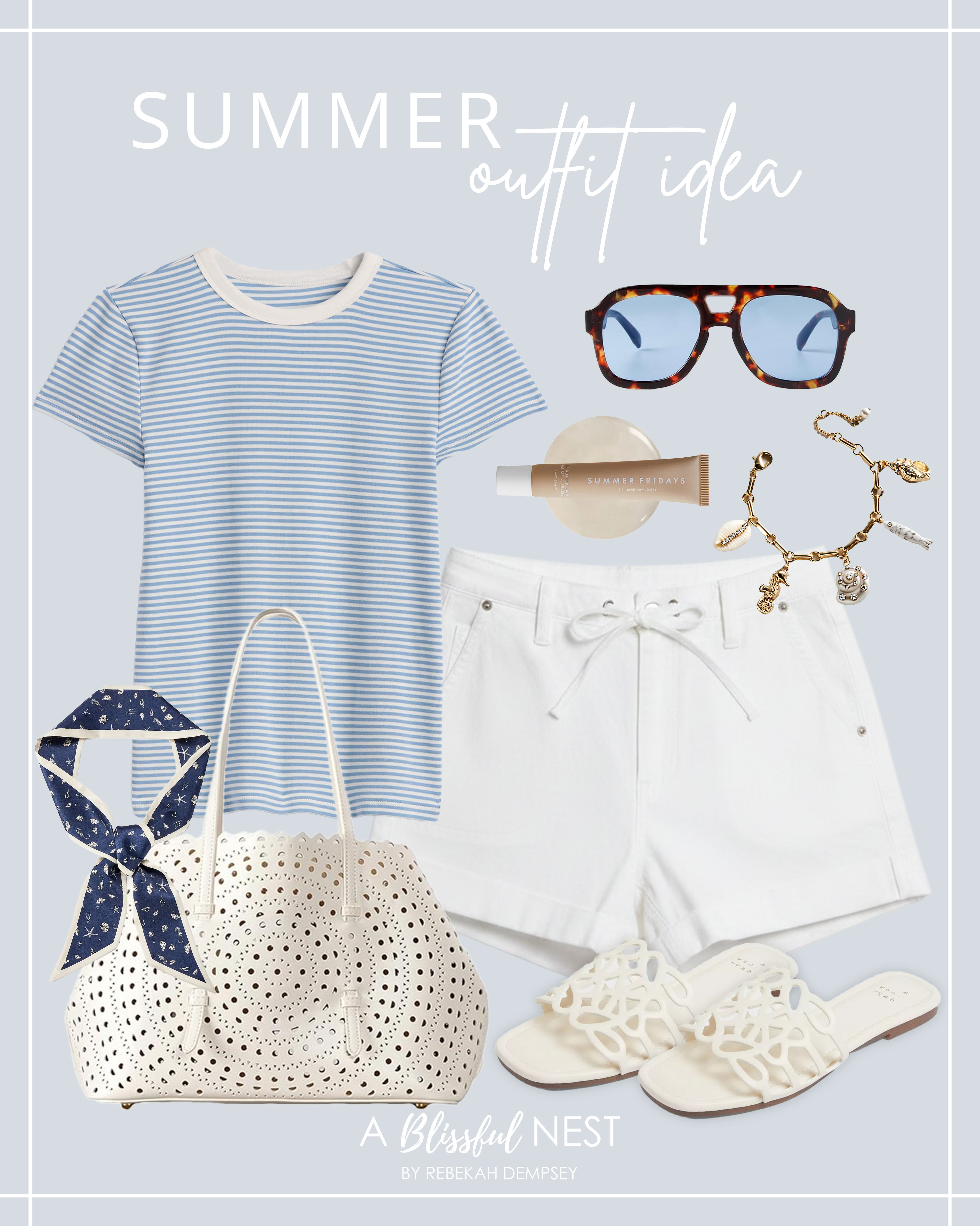 This easy summer outfit is the perfect mix of classic stripes and crisp white pieces. Shop the look.

Light blue striped T-shirt, white drawstring shorts, blue aviator sunglasses, navy coastal print neck scarf, white leather tote bag, shell charm bracelet, lip balm, white cutout slide sandals. 

 #LTKootd #LTKSeasonal #LTKMidsize