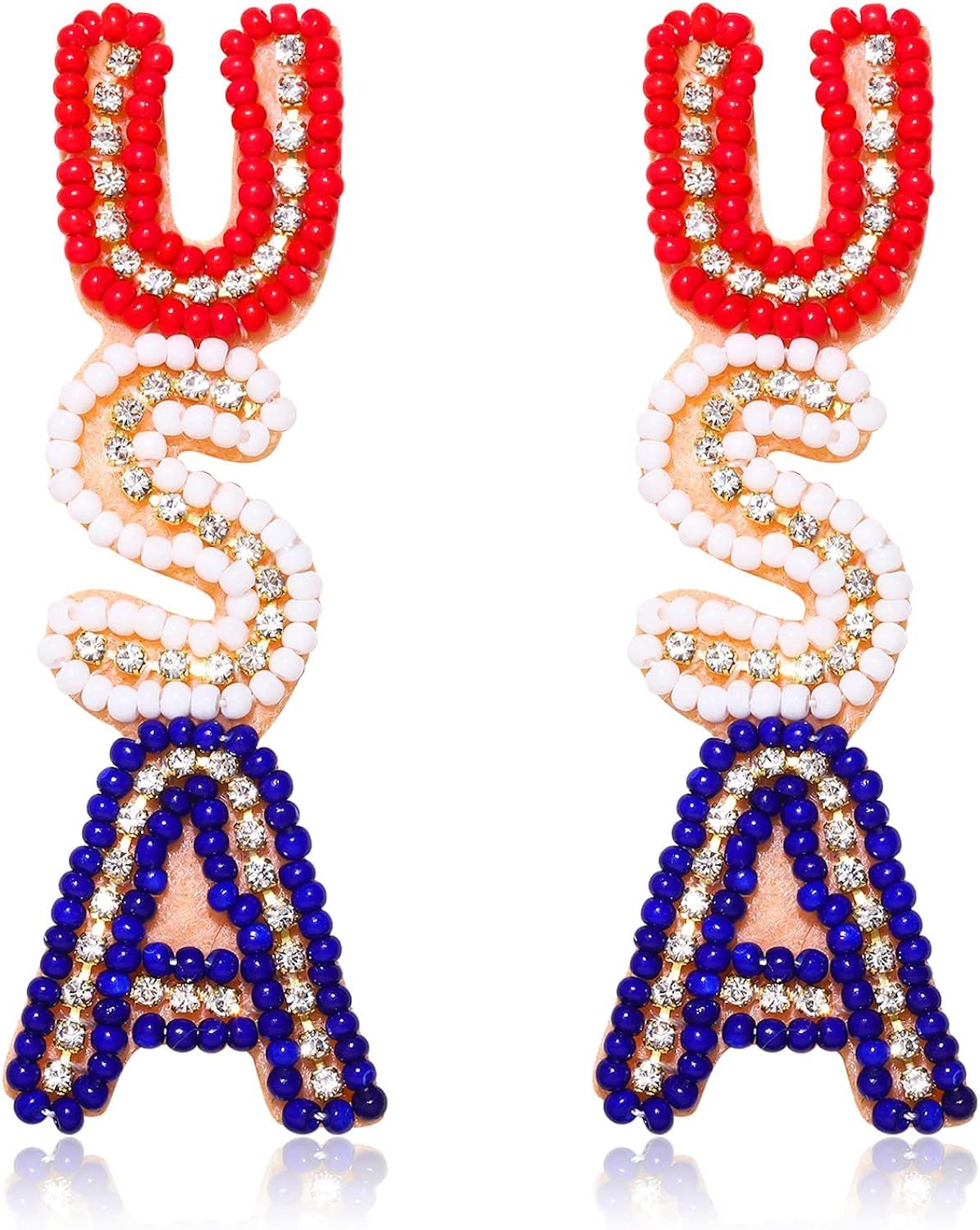 American Flag Earrings 4th of July Earrings for Women Beaded Heart Star Flag Dangle Drop Earrings... | Amazon (US)