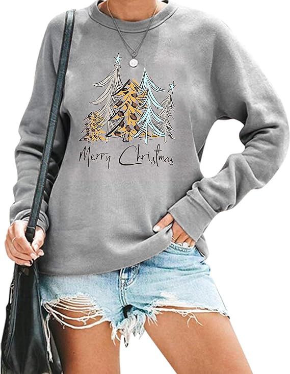 Women Christmas Sweatshirt Leopard Xmas Tree Print Blouse Funny Letter Graphic Top Long Sleeve Sh... | Amazon (US)