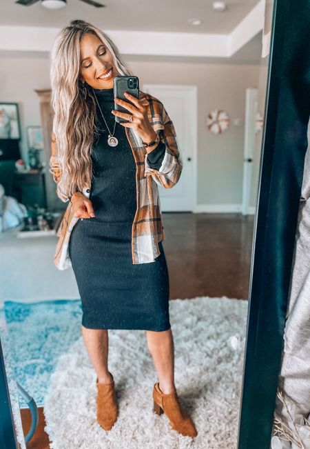 Such a cute casual winter outfit idea. I  love the ribbed midi dress from Amazon! The shacket is perfect! This whole outfit is super comfy! 
Size up in the dress, and could have probably sized down in the shacket. 

#LTKstyletip #LTKunder50 #LTKFind
