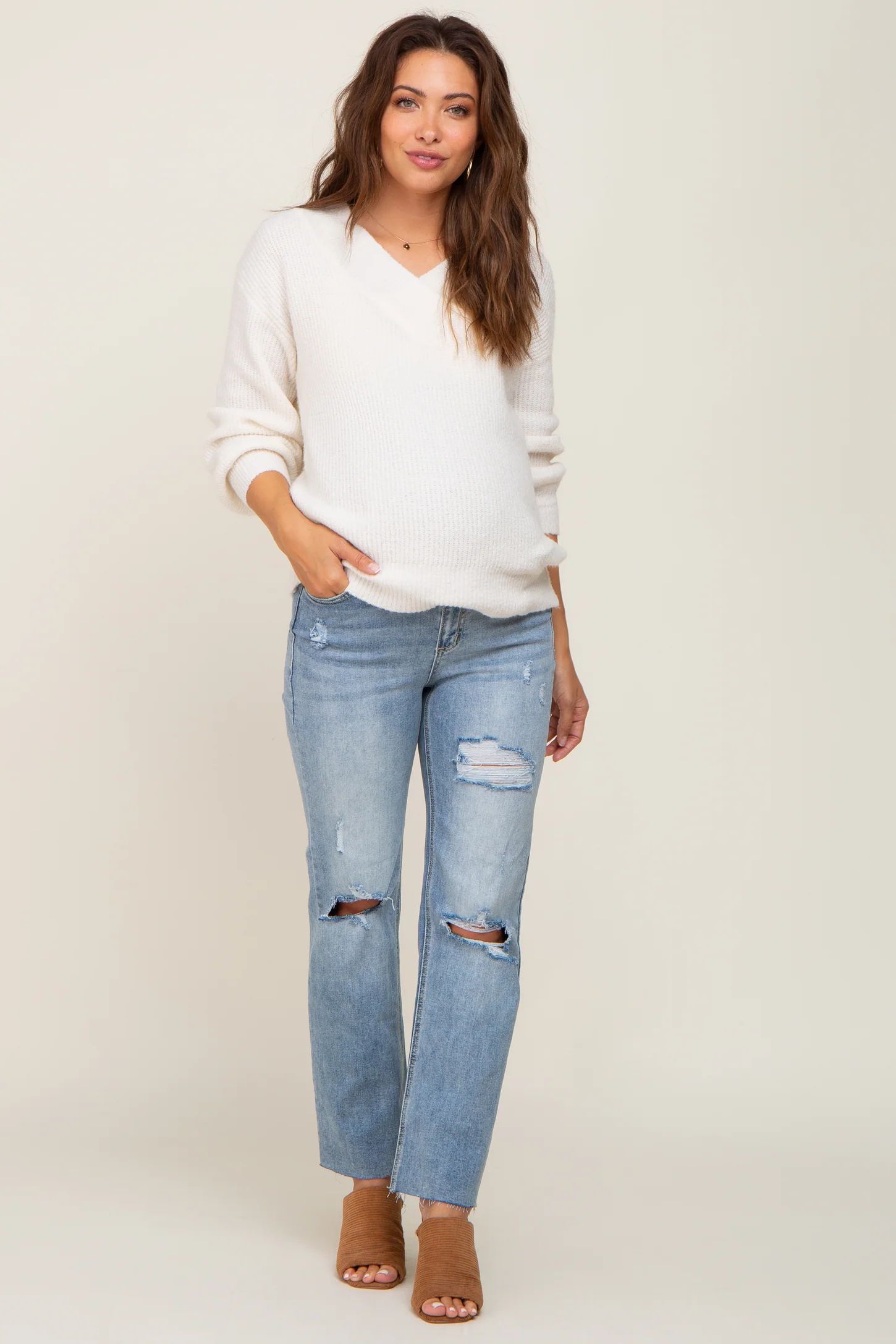 Light Blue Cropped Distressed Maternity Jeans | PinkBlush Maternity