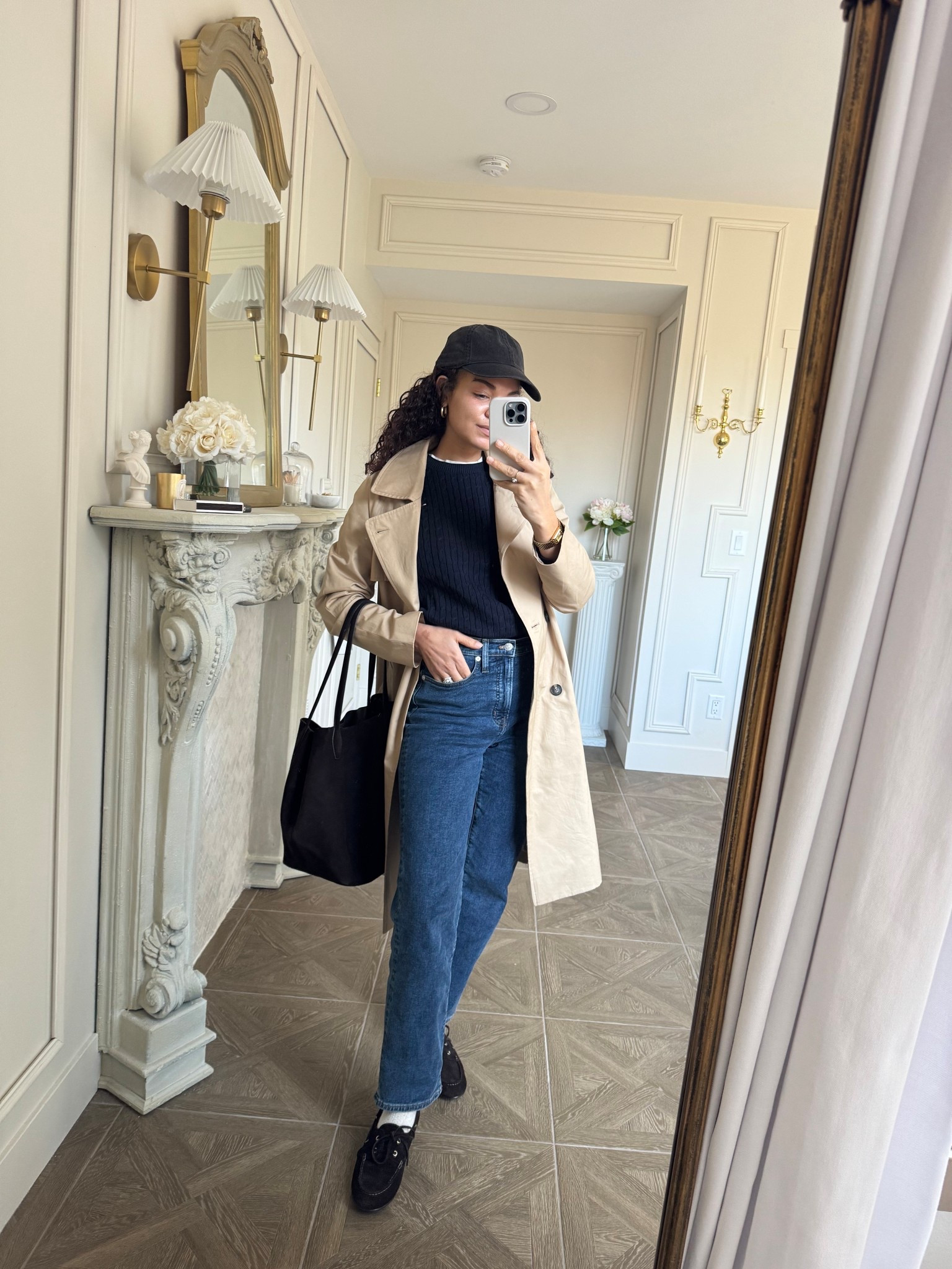 cable knit sweater, jeans, boat shoes, trench coat, baseball cap

#LTKootd