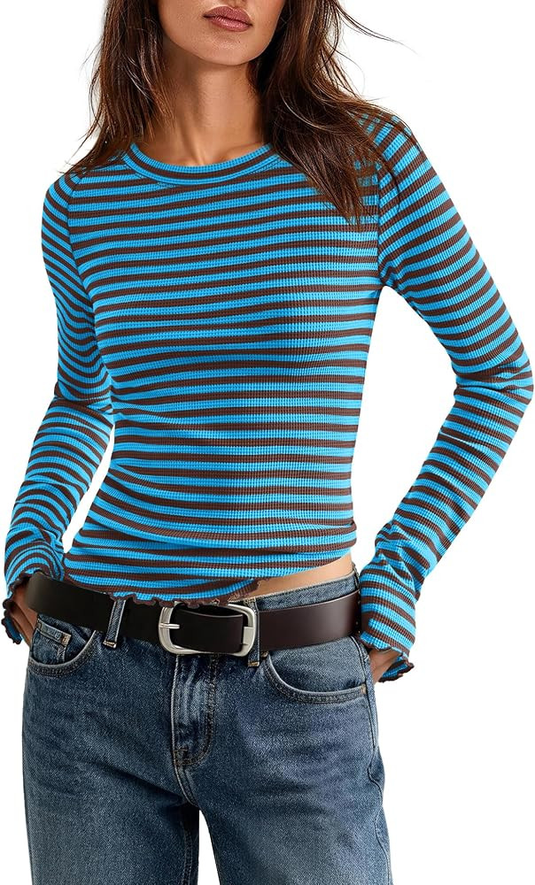 Nirovien Womens Striped Long Sleeve Shirts Waffle Knit Tops Fall Shirts | Amazon (US)