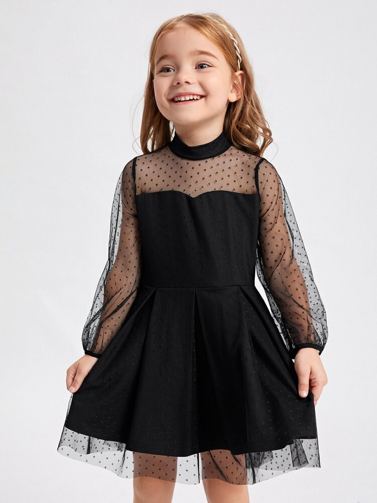 SHEIN Toddler Girls Mock Neck Fold Pleated Swiss Dot Mesh Dress | SHEIN