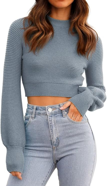 GeGekoko Womens Sexy Crew Neck Cropped Sweaters Ribbed Knit Long Sleeve Crop Tops Pullover | Amazon (US)