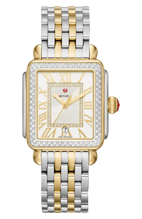 MICHELE Deco Madison Diamond Dial Two-Tone Bracelet Watch, 33mm in Gold/Silver at Nordstrom | Nordstrom