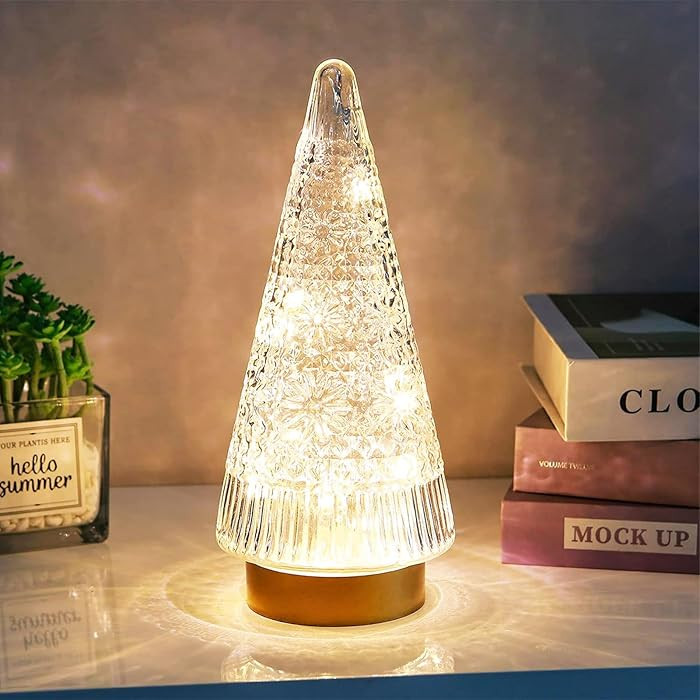 Glass Christmas Tree Light with Timer, Battery Operated Lit Clear Xmas Tree Figurine, Lighted Mer... | Amazon (US)