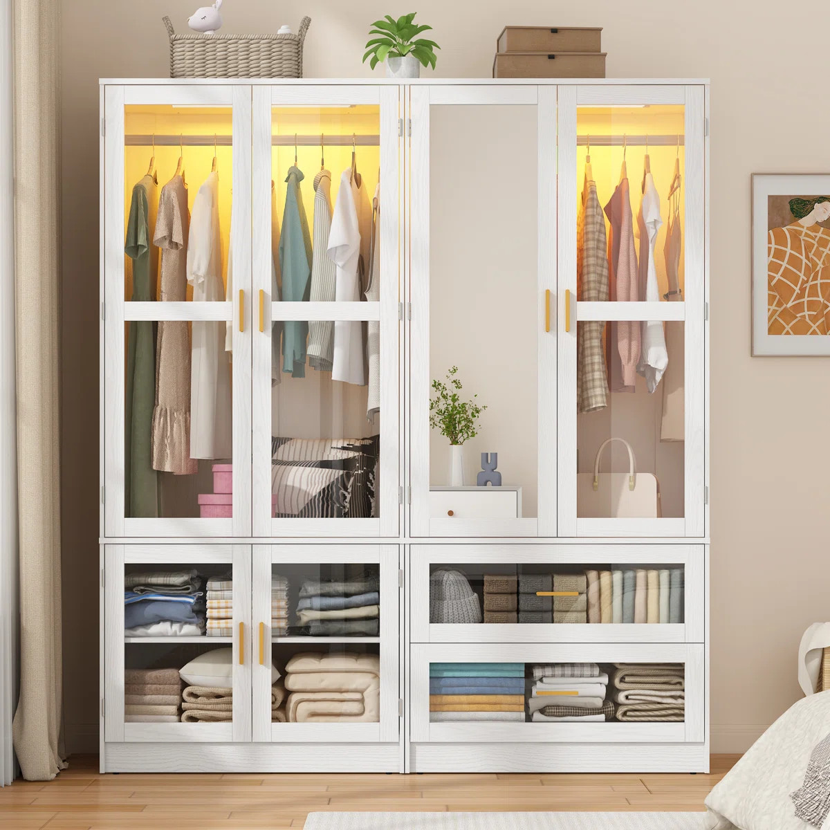 71" H Armoire With LED Sensor Lights, Acrylic Mirror, Drawers And Hanging Rod | Wayfair North America