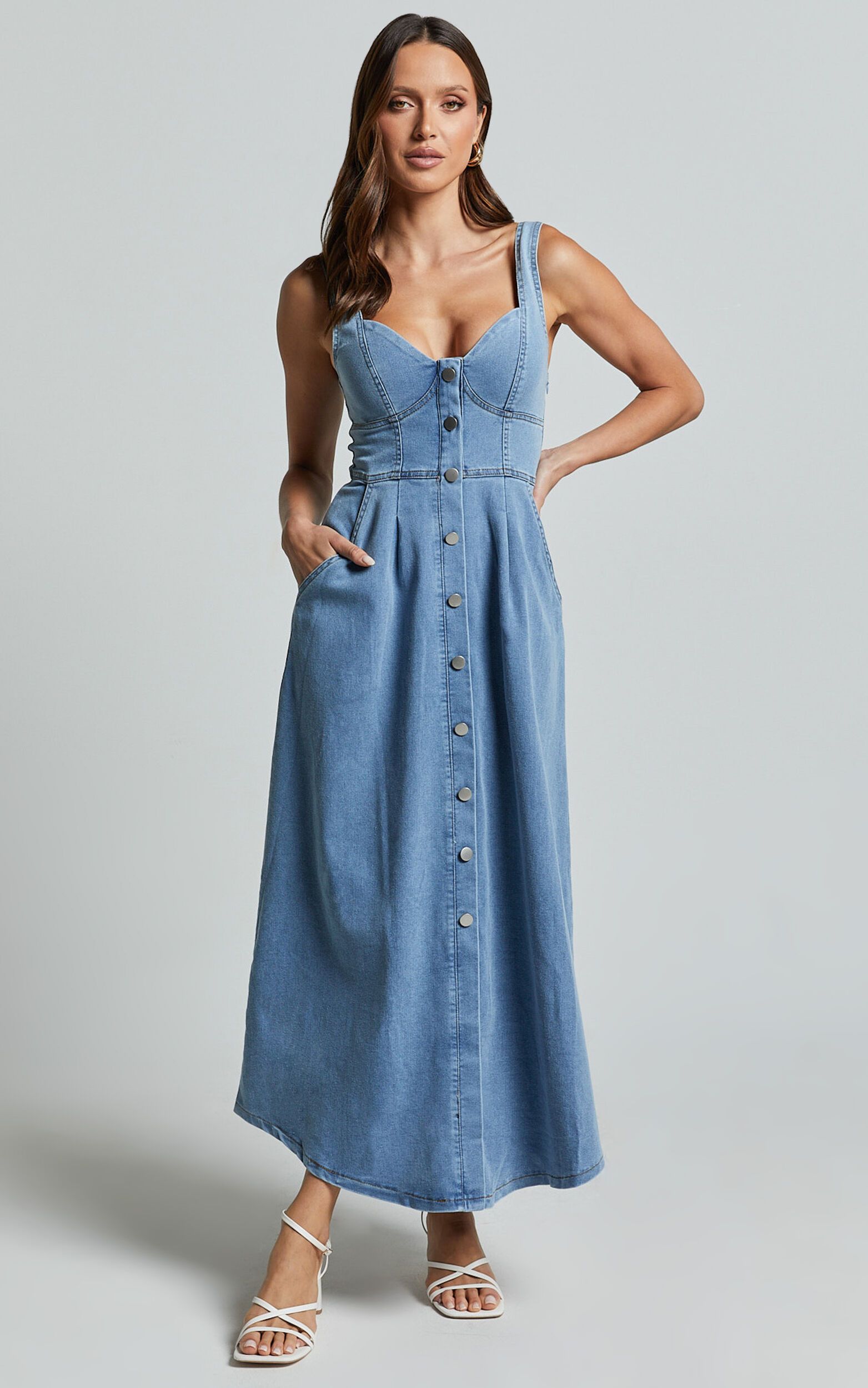 Camila Midi Dress - Button Front Side Pocket Detail A Line Midi Dress in Light Blue Wash | Showpo (US, UK & Europe)
