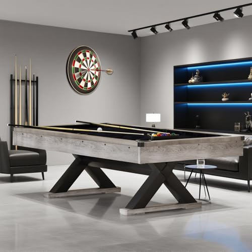 84" Pool Table with Rustic Grey Finish, X-Shaped Legs, Black Cloth, Billiard Balls, Cues, & Accessories–Billiard Table for Adults, Game Room & Home Entertainment (Grey) | Amazon (US)