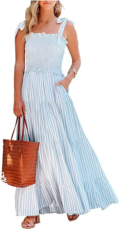 R.Vivimos Women's Summer Cotton Adjustable Straps Boho Stripe Casual Flowy A Line Midi Dress with... | Amazon (US)