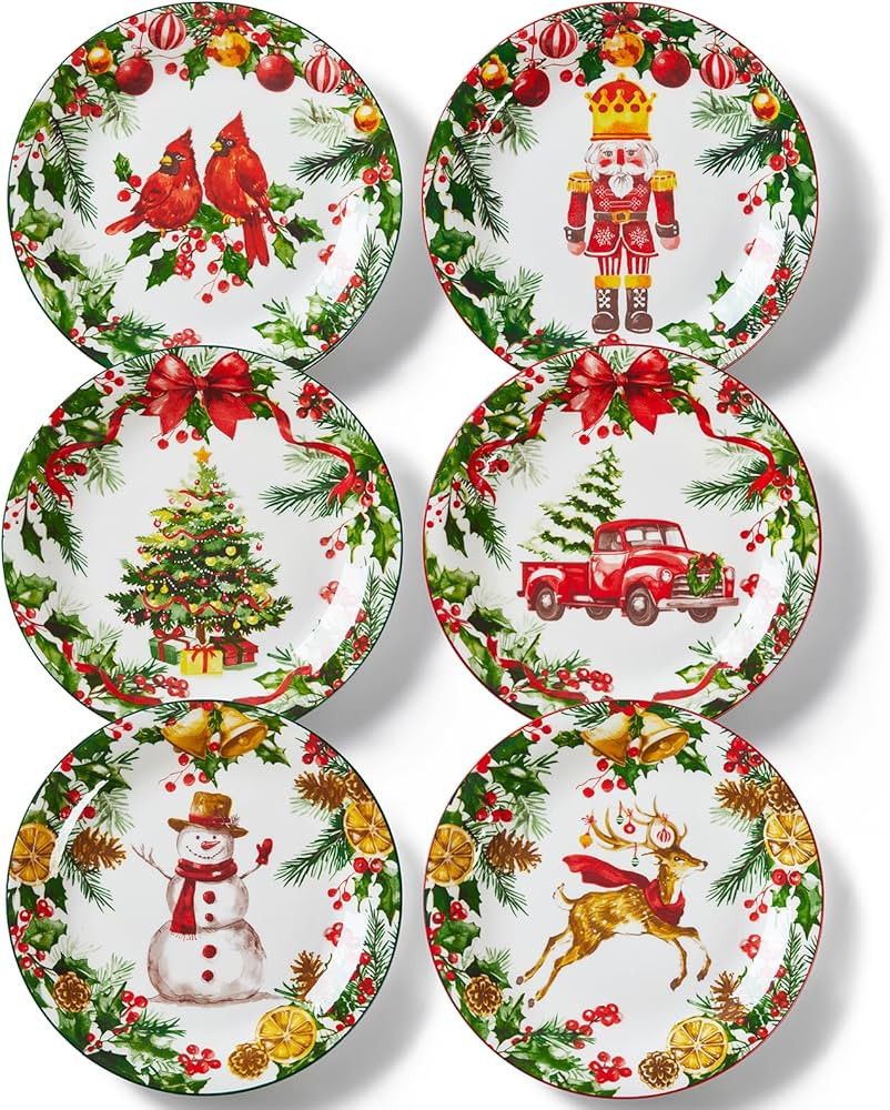 Christmas Salad Plates, 8 Inch Ceramic Plate Set, Appetizer Dishes for Pasta, Side Dishes, Holida... | Amazon (US)